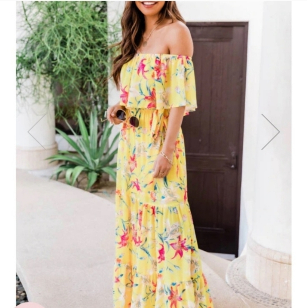 Pink Lily Yellow Ruffled Maxi Dress with Flutter Sleeves